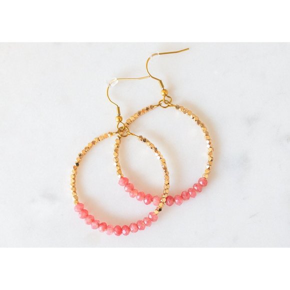 Red Jade Pink Sparkly Gold Beaded Earring Gemstone dangle hoops vacation jewelry